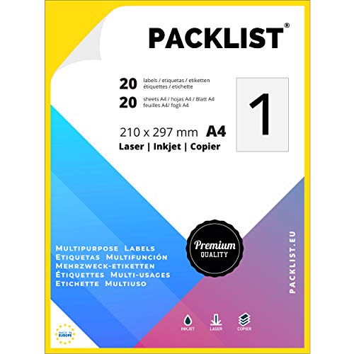 PACKLIST Sticker Papier A4 - Stickerpapier 20 Blatt 210 X 297 mm. Selbstklebendes Papier - Druckerpapier Aufkleber - Aufkleber Druckerpapier - 1 Etikett/Blatt - Aufkleber Papier - Hergestellt In EU von PACKLIST