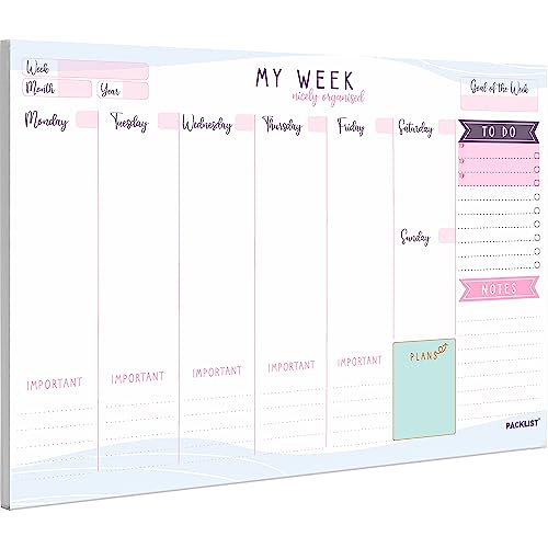 PACKLIST Weekly Planner Pad A4 - Stylish Undated Weekly Organiser, 52 Pages for Home, Study, Work & Family Plans - Beautiful Timetable Planner & Notes to Stay Organised & to Boost your Productivity von PACKLIST