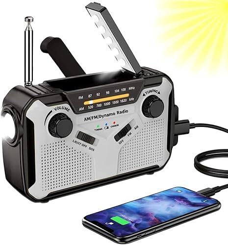 Solar Radio, AM/FM Tragbar Kurbelradio Dynamo Notfallradio mit 4000mAh Wiederaufladbare Batterie, Led Taschenlampe, SOS-Alarm für Camping, Ourdoor, Notfall (Grey) von PAIDASHU