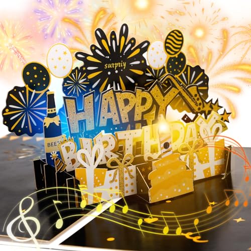 PAIRIER Geburtstagskarte mit Musik und Lichtern, Blowable LED Licht Kerze 3D Pop Up Karte Geburtstag, Happy Birthday Lustige Glückwunschkarte mit Umschlag für Kinder Frau Mann Freundin von PAIRIER