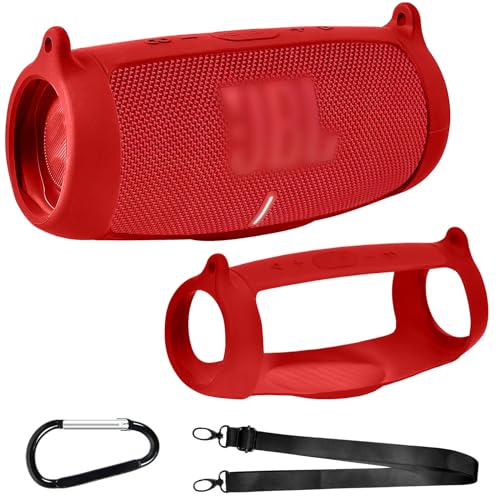 Silikonhülle Tasche für JBL Charge 5 tragbaren Bluetooth-Lautsprecher, Reisegel weiche Haut, wasserdichte Tragetasche aus Gummi mit Riemen(Rot) von PAIYULE