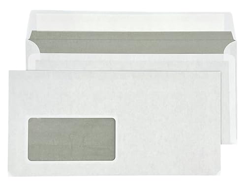 PAKNOR® 100 Briefumschläge mit Fenster, DIN lang - 220x110mm, mit Laser bedruckbar, selbstklebender Briefumschlag mit Fenster, Weiße Umschläge mit grauem Innendruck, (weiß/mit Fenster) von PAKNOR