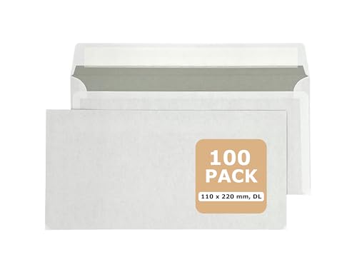 PAKNOR® 100 Briefumschläge ohne Fenster, DIN lang - 220x110mm, selbstklebender Briefumschlag mit Fenster, Weiße Umschläge mit grauem Innendruck, mit Laser bedruckbar (weiß/ohne Fenster) von PAKNOR