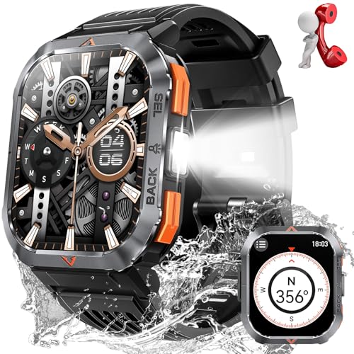 Militär Smartwatch Herren mit Telefonfunktion, 400mAh Akku, LED Taschenlampe Fitness-Tracker 100+ Sportmodi, 2,02’’ Herzfrequenz Monitor, 3ATM Wasserdicht, Kompass, Schlafüberwachung für Android iOS Militär Smartwatch Herren mit Telefonfunktion, 400mAh Akku, LED Taschenlampe Fitness-Tracker 100+ Sportmodi, 2,02’’ Herzfrequenz Monitor, 3ATM Wasserdicht, Kompass, Schlafüberwachung für Android iOS von PAKRYS
