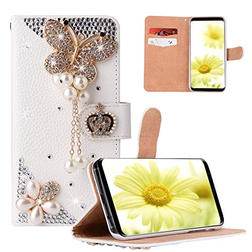 PALIFU Glitzer Brieftasche Hülle Kompatibel mit Samsung Galaxy A54 5G,Mädchen Frauen Weiß Leder Geldbörse Handyhülle Glänzend Diamant Strass Schmetterling Krone Perle Anhänger Hülle von PALIFU