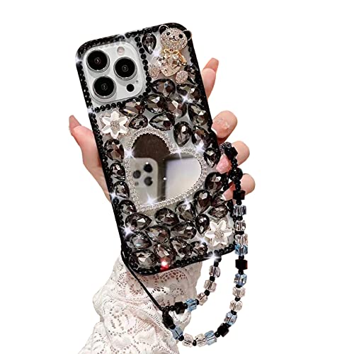 PALIFU Kompatibel mit Samsung Galaxy A14 5G Hülle luxuriöse Glitzer-Strass-Bling Diamant mit herzförmigem Spiegel und Perlenkette, 3D Niedlicher Bär Gestaltung Handy-Schutzhülle,Schwarz von PALIFU