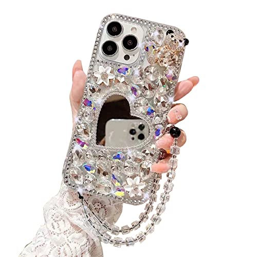 PALIFU Kompatibel mit Samsung Galaxy A14 5G Hülle luxuriöse Glitzer-Strass-Bling Diamant mit herzförmigem Spiegel und Perlenkette, 3D Niedlicher Bär Gestaltung Handy-Schutzhülle,Weiß von PALIFU
