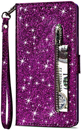 PALIFU Reißverschluss Brieftasche Hülle für Samsung Galaxy A14 5G,Bling Glitzer Leder Handyhülle mit Kartenhalter,Flip Magnetverschluss Stand Schutzhülle mit Handschlaufe-Lila von PALIFU