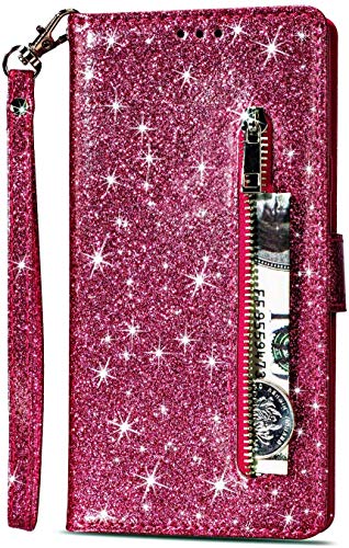 PALIFU Reißverschluss Brieftasche Hülle für Samsung Galaxy A14 5G,Bling Glitzer Leder Handyhülle mit Kartenhalter,Flip Magnetverschluss Stand Schutzhülle mit Handschlaufe-Rose Rot von PALIFU