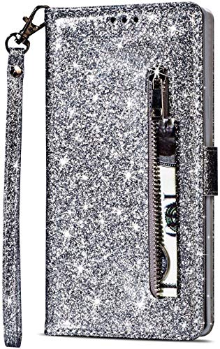 PALIFU Reißverschluss Brieftasche Hülle für Samsung Galaxy A34 5G,Bling Glitzer Leder Handyhülle mit Kartenhalter,Flip Magnetverschluss Stand Schutzhülle mit Handschlaufe-Silber von PALIFU