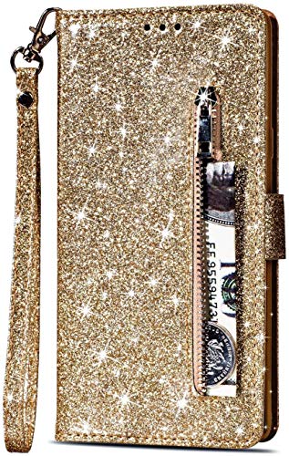 PALIFU Reißverschluss Brieftasche Hülle für Samsung Galaxy A54 5G,Bling Glitzer Leder Handyhülle mit Kartenhalter,Flip Magnetverschluss Stand Schutzhülle mit Handschlaufe-Gold von PALIFU