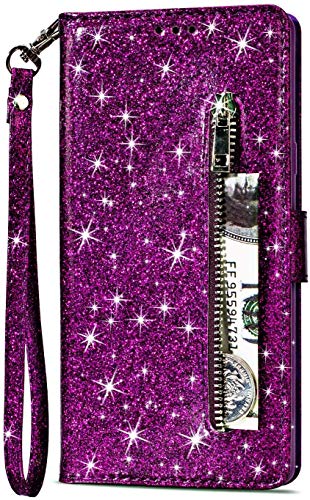 PALIFU Reißverschluss Brieftasche Hülle für Samsung Galaxy A54 5G,Bling Glitzer Leder Handyhülle mit Kartenhalter,Flip Magnetverschluss Stand Schutzhülle mit Handschlaufe-Lila von PALIFU