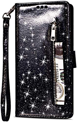 PALIFU Reißverschluss Brieftasche Hülle für Samsung Galaxy A54 5G,Bling Glitzer Leder Handyhülle mit Kartenhalter,Flip Magnetverschluss Stand Schutzhülle mit Handschlaufe-Schwarz von PALIFU