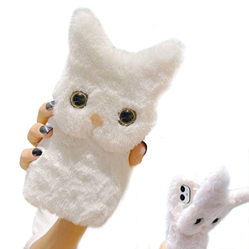 PALIFU Weich Plüsch Hülle Kompatibel mit Samsung Galaxy A34 5G,Niedlich Pelzig Katze Ohren Warm Flauschige Haar Süß Karikatur Tier Stand Handyhülle für Mädchen Frauen,Weiß Katze von PALIFU