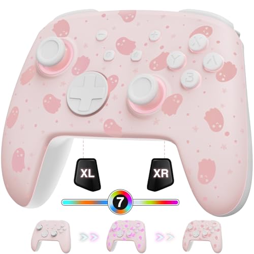 PALPOW [Leuchtend Modus] Switch Controller Wireless kompatibel mit Switch/OLED/Lite, Firefly Bluetooth Remote Gamepad mit 7 LED Farben/Paddle/Turbo für Halloween - Geist Rosa von PALPOW