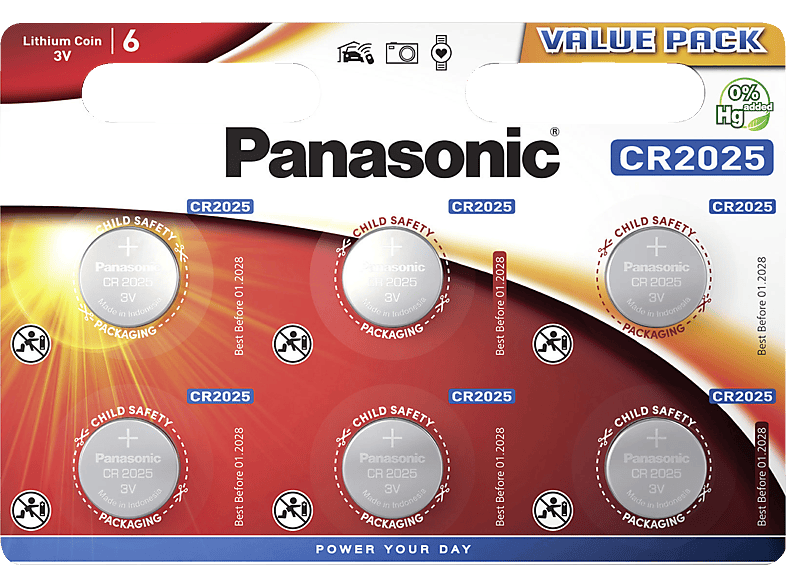 PANASONIC CR2025EL/6BP CR2025 Knopfzelle, Lithium Metall, 3 Volt, 165 mAh von PANASONIC