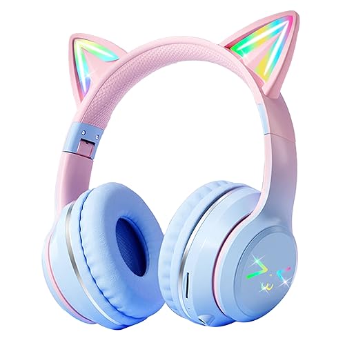 PANOONA Bluetooth Kopfhörer Kinder,Katzenohren Faltbare Mädchen Kopfhörer Over Ear, Kinderkopfhörer Bluetooth Kabellos mit LED-licht Katzenohren und Mikrofon für Schule/Tablet/Handy/PC (Blau) (Rosa) von PANOONA