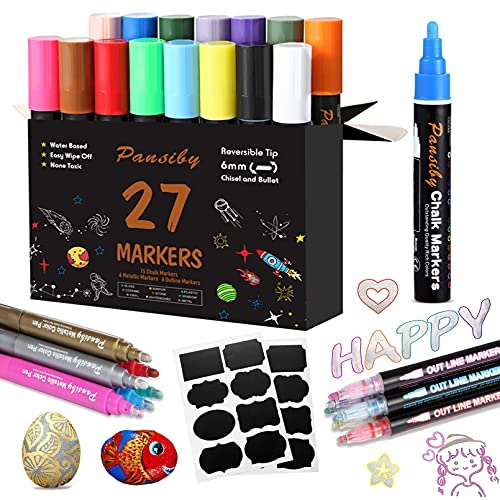 PANSIBY 27 Kreidestifte Set für Fenster Tafel, 15 PCS 6mm Fensterkreide Abwaschbar Kreidemarker, 6 Metallic Whiteboard Marker & 6 Outline Stifte Umrissstifte, Erfüllen Unterschiedliche Anforderungen von PANSIBY