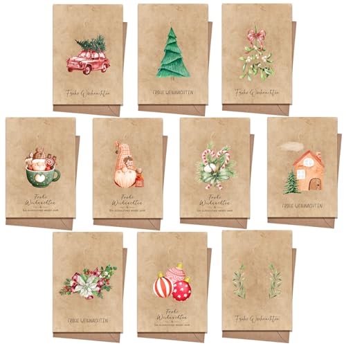 PANSIBY Weihnachtskarten mit Umschlag (20 Stück), Klappkarten & Umschlägen Set, Kraftpapier karten Postkarten für Weihnachten, Grußkarte und Briefumschlag von PANSIBY