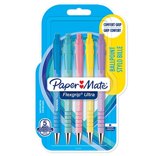 PAPER MATE Flexgrip Ultra-Druckkugelschreiber | mittlere Spitze (1,0 mm) | blaue Tinte | Pastellfarben | 5 Stück von PAPER MATE