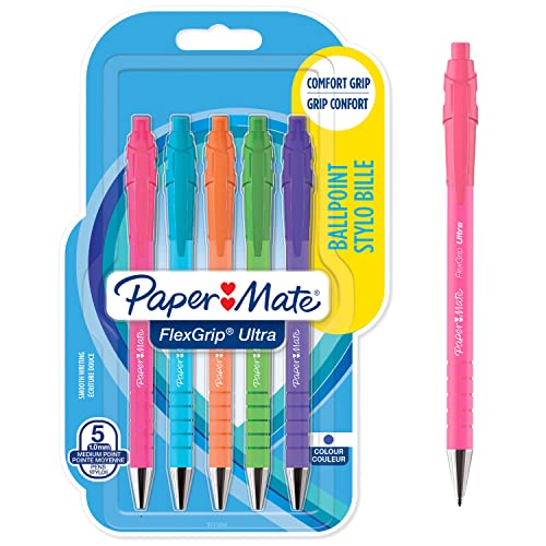 PAPER MATE Flexgrip Ultra-Druckkugelschreiber | mittlere Spitze (1,0 mm) | blaue Tinte | leuchtende Farben | 5 Stück von PAPER MATE