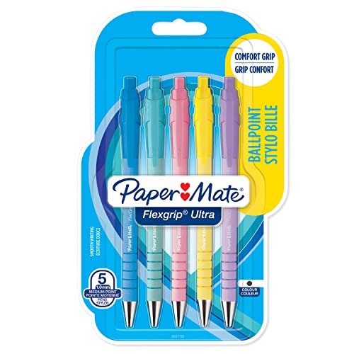 PAPER MATE Flexgrip Ultra-Druckkugelschreiber | mittlere Spitze (1,0 mm) | schwarze Tinte | Pastellfarben | 5 Stück von PAPER MATE
