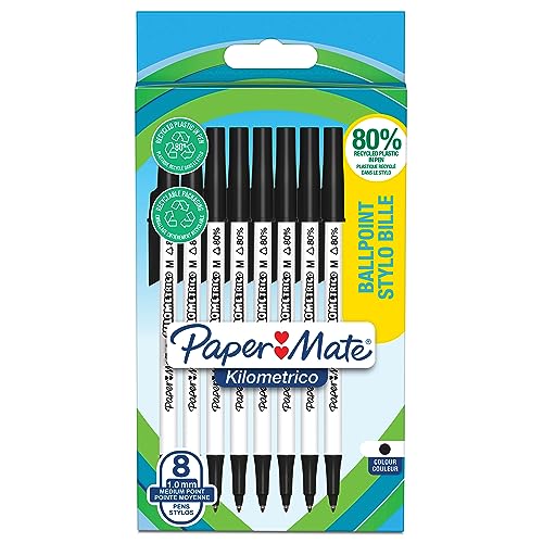 PAPER MATE Kilometrico Kugelschreiber | lange Schreibdauer mit mittlerer Spitze (1,0 mm) | schwarze Tinte | 80% recyceltes Plastik | 8 Stück von rOtring