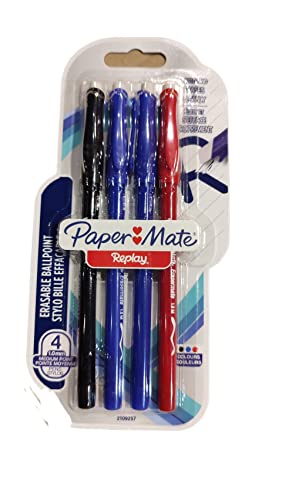 PAPER MATE Radierbare Kulli REPLAY 4er blau/schwarz/rot M 1.0mm Blister von PAPER MATE