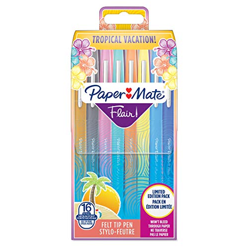 Paper Mate Flair Filzstifte | mittlere Spitze (0,7mm) | Tropical Farben | Stifte Tasche mit 16 Stiften von PAPER MATE