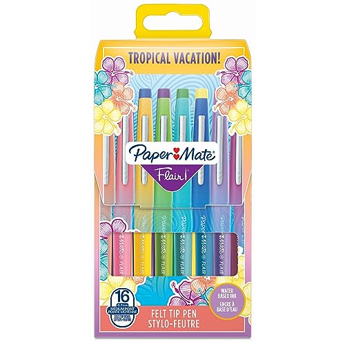 Paper Mate Flair Filzstifte | mittlere Spitze (0,7mm) | Tropical Farben | Stifte Tasche mit 16 Stiften von PAPER MATE