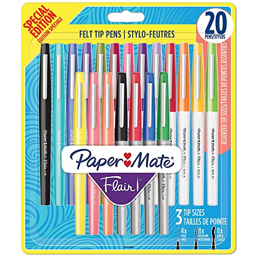 Paper Mate Flair Filzstifte | sortierte Spitzen in breiter (1,2 mm), mittlerer (0,7 mm) und extrafeiner (0,4 mm) Ausführung | Sonderedition, farblich sortiert | 20 Stück von PAPER MATE