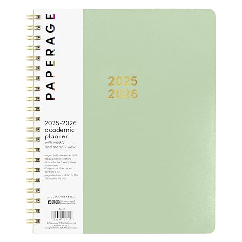 PAPERAGE Akademischer Planer 2025–2026, 17 Monate, Wochen- und Monatsplaner, August 2025 – Dezember 2026, groß (21,6 x 27,9 cm), Salbeigrün von PAPERAGE
