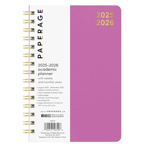 PAPERAGE Akademischer Planer 2025–2026, 17 Monate, Wochen- und Monatsplaner, August 2025 – Dezember 2026, klein (12,7 x 20,3 cm), Himbeere von PAPERAGE