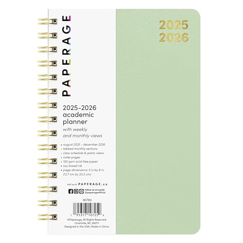 PAPERAGE Akademischer Planer 2025-2026, 17 Monate, Wochen- und Monatsplaner, August 2025 - Dezember 2026, klein (12,7 x 20,3 cm), Salbeigrün von PAPERAGE