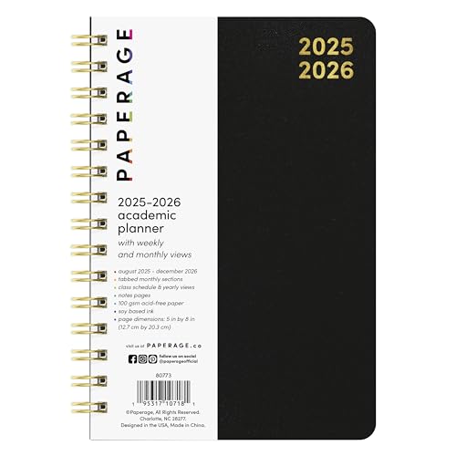 PAPERAGE Akademischer Planer 2025-2026, 17 Monate, Wochen- und Monatsplaner, August 2025 - Dezember 2026, klein (12,7 x 20,3 cm), Schwarz von PAPERAGE