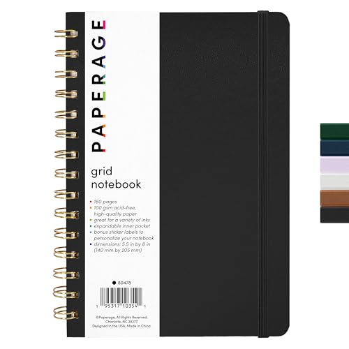PAPERAGE Graph Paper Spiral Notebook & Journal, (schwarz), 160 Seiten, Medium 14 x 20,3 cm – 100 g/m² dickes Grafikpapier, Hardcover, Doppeldrahtraster Spiralnotizbuch von PAPERAGE