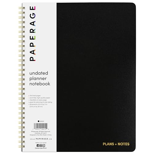 PAPERAGE Undatiertes Tagesplaner-Notizbuch (schwarz), 21,6 x 27,9 cm, Spiralbindung, To-Do-Liste und Zeitplaner, 104 linierte Seiten für Pläne und Notizen von PAPERAGE
