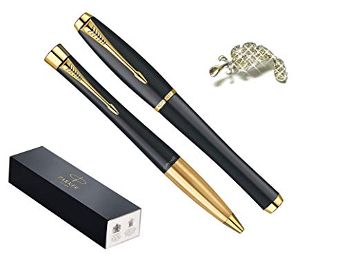 Luxury Gift Set Muted Black with Gold Trim Finish Urban Ballpoint and Urban Rollerball Medium Point Nib Black Ink Pens by Parker + Gift Crystals Feather Brooch von PARKER