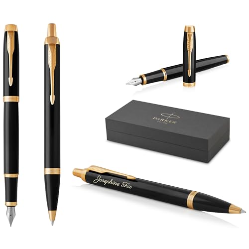 Parker IM Core Füllfederhalter und Kugelschreiber mit Gravur | Premium Stift | Geschenkbox | schwarze Mine | personalisiertes Geschenk | Namen | graviert | Geburtstag (Black Lacquer G.C.) von Parker