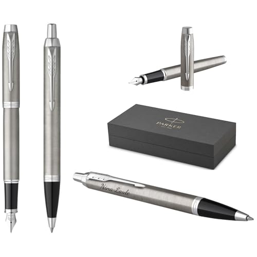 PARKER IM Core Füllfederhalter und Kugelschreiber mit Gravur | Premium Stift | Geschenkbox | schwarze Mine | personalisiertes Geschenk | Namen | graviert | Geburtstag (Brushed Metal C.C.) von PARKER