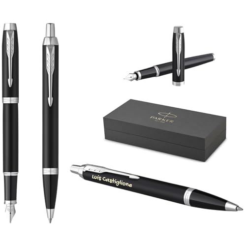 Parker IM Core Füllfederhalter und Kugelschreiber mit Gravur | Premium Stift | Geschenkbox | schwarze Mine | personalisiertes Geschenk | Namen | graviert | Geburtstag (Matte Black C.C.) von Parker