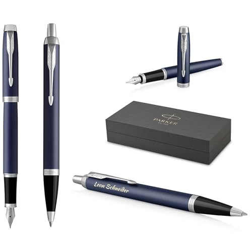 Parker IM Core Füllfederhalter und Kugelschreiber mit Gravur | Premium Stift | Geschenkbox | schwarze Mine | personalisiertes Geschenk | Namen | graviert | Geburtstag (Matte Blue C.C.) von Parker