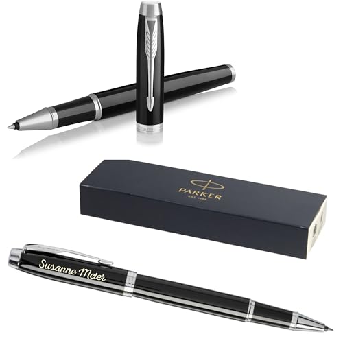 Parker IM Core Tintenroller mit Gravur | Premium Stift | Geschenkbox | schwarze Mine | personalisiertes Geschenk | Namen | Geburtstag (Black Lacquer C.C.) von Parker