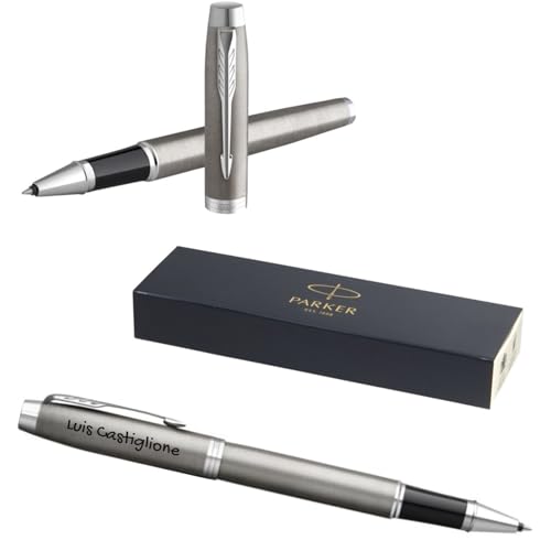 Parker IM Core Tintenroller mit Gravur | Premium Stift | Geschenkbox | schwarze Mine | personalisiertes Geschenk | Namen | Geburtstag (Brushed Metal C.C.) von Parker