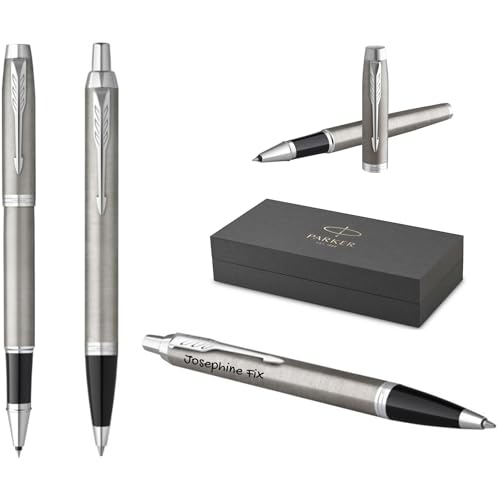 Parker IM Core Tintenroller und Kugelschreiber mit Gravur | Premium Stift | Geschenkbox | schwarze Mine | personalisiertes Geschenk | Namen graviert | Geburtstag (Brushed Metal C.C.) von Parker
