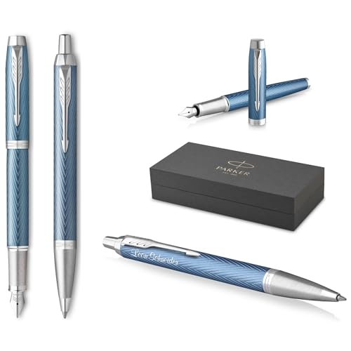 PARKER IM Premium Füllfederhalter und Kugelschreiber mit Gravur | Premium Stift | Geschenkbox | blaue Tinte | personalisiertes Geschenk | Jahrestag | Geburtstag (Blue Grey C.C.) von PARKER