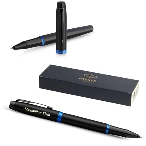 Parker IM Professionals Vibrant Rings Tintenroller mit Gravur | Premium Stift | Geschenkbox | schwarze Mine | personalisiertes Geschenk | Namen | Geburtstag (Blue PVD) von Parker