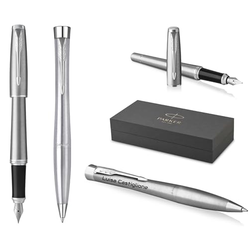 Parker Urban Kugelschreiber und Füllfederhalter Twist mit Gravur | Premium Stift | Geschenkbox | personalisiertes Geschenk | Namen | graviert | Jahrestag | Geburtstag (Metro Metallic C.C.) von Parker