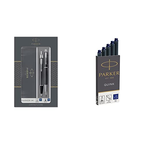 Parker,2093215,IM AA8Duo-Geschenkset mitKugelschreiber & Füller| hochglänzend schwarz| Nachfüllen schwarz & 1950384 Quink Nachfüllpatronen für Füllfederhalter, lange Patronen, 5er Packung, blaue tinte von PARKER