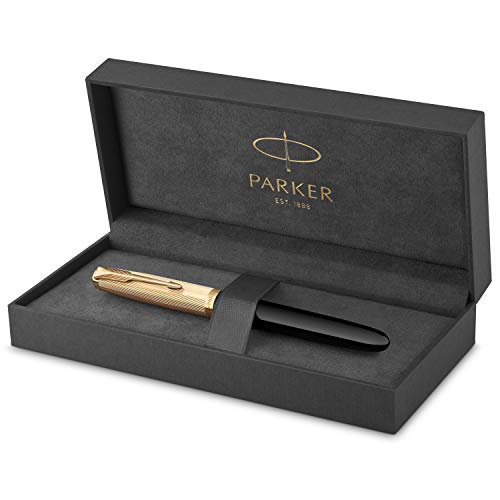 Parker 51 Füller | Luxuriöser Schwarzer Schaft mit Goldzierteilen | Federstärke F in 18k Gold mit schwarzer Tintenpatrone | Geschenkbox von PARKER